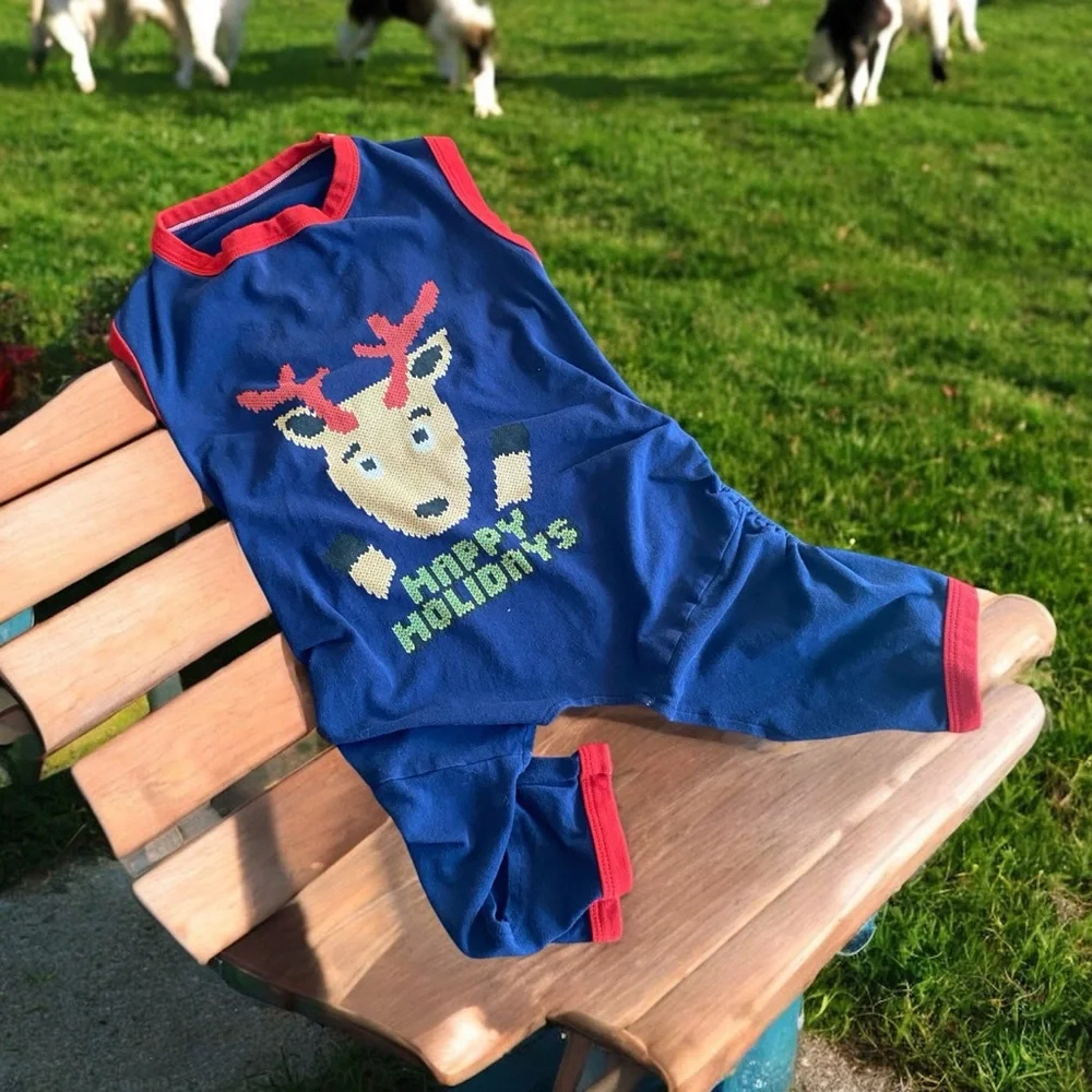NWT Holiday Dog Romper Jumpsuit Blue Red Reindeer Pajamas Small Medium